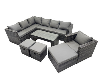 B&Q -  7 Pieces Outdoor Pe Rattan Garden Furniture Corner Sofa Oblong Coffee Table Set With Cushions 3 Footstools Dark Grey Mixed