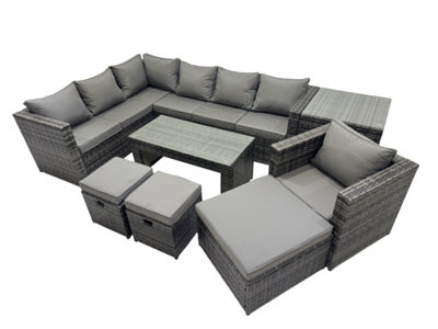 Fimous 8 Pieces Outdoor Pe Rattan Garden Furniture Corner Sofa Oblong Coffee Table Set With Cushions 3 Footstools Side Table