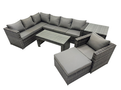 Fimous 6 Pieces Outdoor Pe Rattan Garden Furniture Corner Sofa Oblong Coffee Table Set With Cushions Big Footstool Side Table