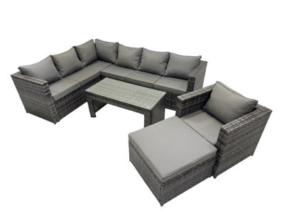 Fimous 5 Pieces Outdoor Pe Rattan Garden Furniture Corner Sofa Oblong Coffee Table Set With Cushions Big Footstool