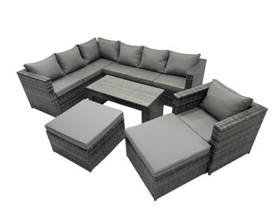 Fimous 6 Pieces Outdoor Pe Rattan Garden Furniture Corner Sofa Oblong Coffee Table Set With Cushions 2 Big Footstools from B&Q