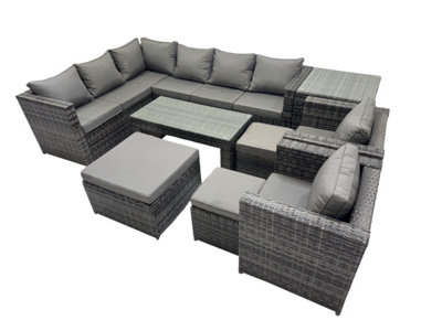 Fimous 9 Pieces Outdoor Pe Rattan Garden Furniture Corner Sofa Oblong Coffee Table Set With Cushions 3 Footstools Side Table