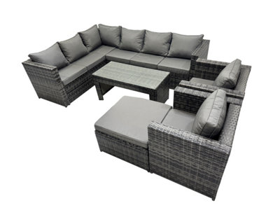 Fimous 6 Pieces Outdoor Pe Rattan Garden Furniture Corner Sofa Oblong Coffee Table Set With Cushions Big Footstool