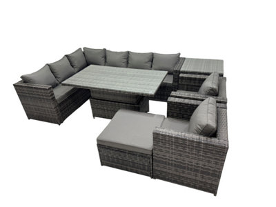 B&Q -  9-Seater Height Adjustable Rising Lifting Table Corner Sofa Set Rattan Garden Furniture Set With Big Stool Side Table