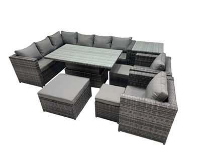 B&Q -  11-Seater Height Adjustable Rising Lifting Table Corner Sofa Set Rattan Garden Furniture Set With 3 Stool Side Table