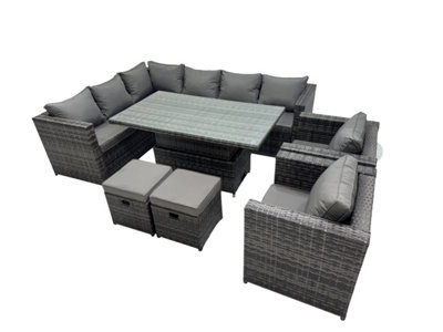 B&Q -  10-Seater Height Adjustable Rising Lifting Table Corner Sofa Set Rattan Garden Furniture Set With 2 Small Stool Dark Grey