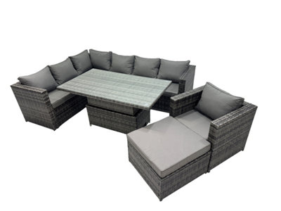 B&Q -  8-Seater Height Adjustable Rising Lifting Table Corner Sofa Set Rattan Garden Furniture Set With Big Stool Dark Grey Mixed