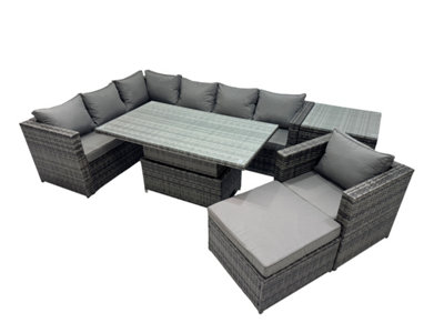 Fimous 8-Seater Height Adjustable Rising Lifting Table Corner Sofa Set Rattan Garden Furniture Set With Big Stool Side Table