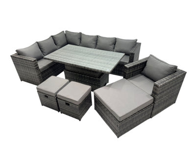 Fimous 10-Seater Height Adjustable Rising Lifting Table Corner Sofa Set Rattan Garden Furniture Dining Set With 3 Stool from B&Q
