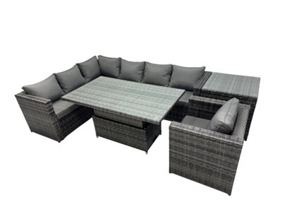 Fimous 7-Seater Height Adjustable Rising Lifting Table Corner Sofa Set Rattan Garden Furniture Dining Set With Side Table