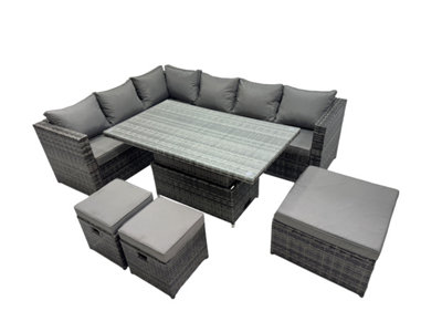 Fimous 9-Seater Height Adjustable Rising Lifting Table Corner Sofa Set Rattan Garden Furniture Set With 3 Stools Dark Grey Mixed from B&Q