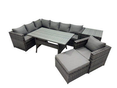 B&Q -  Outdoor Pe Rattan Sofa Set With Dining Table Patio Garden Furniture Sets With Chair Big Stool Side Table Dark Grey Mixed
