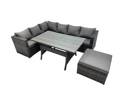 B&Q -  Outdoor Pe Rattan Sofa Set With Dining Table Patio Garden Furniture Sets With Big Stool Dark Grey Mixed