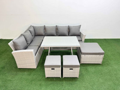 Fimous Garden Outdoor Rattan Furniture Set Rattan Corner Sofa Oblong Dining Table Set With 3 Footstools 9 Seater
