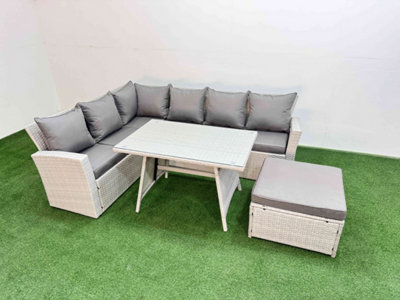 Fimous Garden Outdoor Rattan Furniture Set Rattan Corner Sofa Oblong Dining Table Set With Big Footstool 7 Seater
