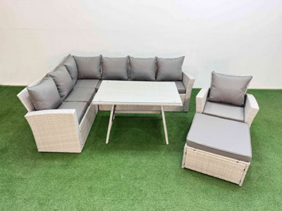 Fimous Garden Outdoor Rattan Furniture Set Rattan Corner Sofa Oblong Dining Table With Armchair Big Footstool 8 Seater