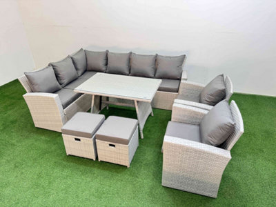 Fimous Garden Outdoor Rattan Furniture Set Rattan Corner Sofa Oblong Dining Table With 2 Armchairs 2 Small Footstools 10 Seater