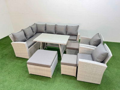 B&Q -  Garden Outdoor Rattan Furniture Set Rattan Corner Sofa Oblong Dining Table With 2 Armchairs 3 Footstools 11 Seater
