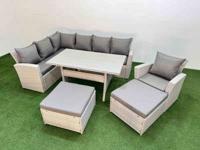 B&Q -  9 Seater Rattan Garden Furniture Set Outdoor Patio Dining Corner Sofa Sets With Dining Table Chair 2 Big Footstools