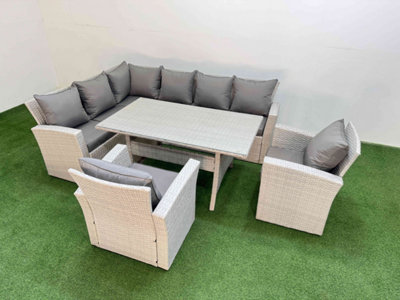 B&Q -  8 Seater Rattan Garden Furniture Set Outdoor Patio Dining Corner Sofa Sets With Dining Table 2 Chairs Light Grey Mixed