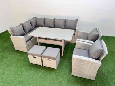 B&Q -  10 Seater Rattan Garden Furniture Set Outdoor Patio Dining Corner Sofa Sets With Dining Table 2 Chairs 2 Small Footstool