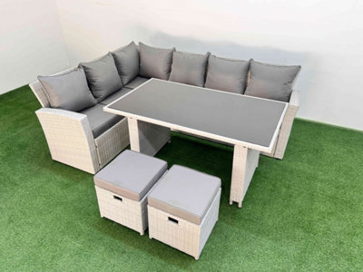 Fimous 8 Seater Wicker Rattan Corner Sofa Sets Outdoor Garden Furniture Sets With Lounge Sofa 2 Small Footstools Light/Grey