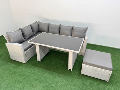 Fimous 7 Seater Wicker Rattan Corner Sofa Sets Outdoor Garden Furniture Sets With Lounge Sofa Big Footstool Light/Grey