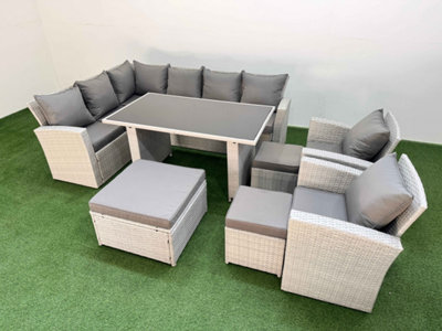 Fimous 11 Seater Wicker Rattan Corner Sofa Sets Outdoor Garden Furniture Sets With Lounge Sofa 3 Footstools Light/Grey