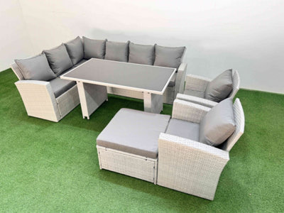 Fimous 9 Seater Wicker Rattan Corner Sofa Sets Outdoor Garden Furniture Sets With Lounge Sofa Big Footstool Light/Grey