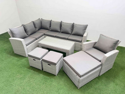 B&Q -  Rattan Garden Furniture Set Outdoor 10 Seater Corner Sofa Sets With Oblong Coffee Table Chair 3 Footstools Light Grey Mixed