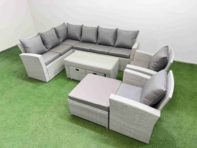 B&Q -  Rattan Garden Furniture Set Outdoor 11 Seater Corner Sofa Sets With Oblong Coffee Table Chair 3 Footstools Light Grey Mixed