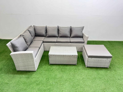 Fimous 7 Seater Garden Outdoor Pe Rattan Furniture Set Rattan Garden Sofa Set With Oblong Coffee Table Mixed Light/Grey