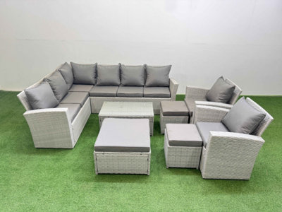 Fimous 11 Seater Garden Outdoor Pe Rattan Furniture Set Rattan Garden Sofa Set With 3 Footstools Mixed Light/Grey