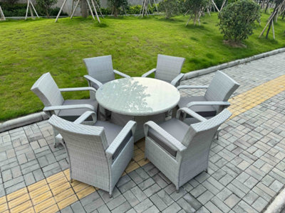 Fimous Rattan Garden Furniture Set With 1 Big Round Coffee Table & 6 Seater Chairs Mixed Light/Grey
