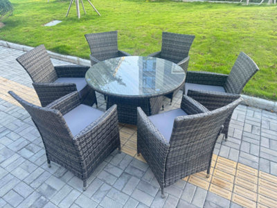 B&Q -  7-Piece Pe Rattan Garden Furniture 6 Seater Garden Big Round Table And Chairs For Patio Dark Grey Mixed