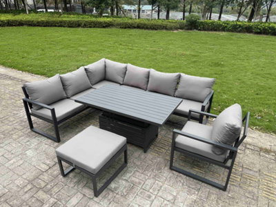 Fimous Aluminium Garden Furniture Sets,8 Seater Outdoor With Adjustable Rising Lifting Dining Table Cushions Dark Grey from B&Q