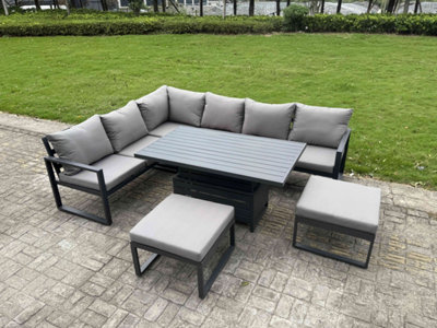 Fimous Aluminium Garden Furniture Sets,8 Seater Outdoor With Adjustable Rising Lifting Dining Table,2 Big Footstools Dark Grey from B&Q