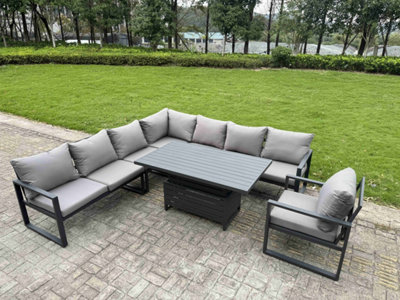 Fimous 7 Piece L-Shaped 8-Seater Aluminium Outdoor Dining Set With Adjustable Rising Lifting Dining Table Dark Grey from B&Q
