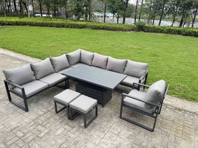 B&Q -  9 Piece L-Shaped 10-Seater Aluminium Outdoor Dining Set With Adjustable Rising Lifting Dining Table Chair 2 Small Stools