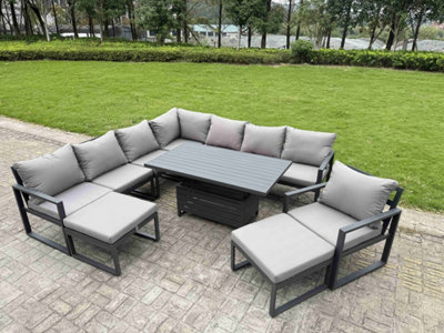 Fimous 10 Seater Aluminium Sofa Set 9 Pieces Outdoor Garden FurnitureRising Dining Table With Cushions 2 Big Stools Dark Grey from B&Q