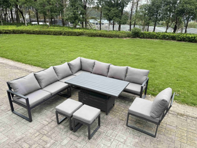 B&Q -  9 Pieces Aluminium Garden Furniture Set With  With Adjustable Rising Lifting Dining Table 2 Small Footstools Dark Grey
