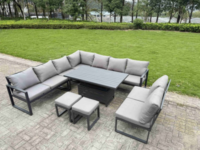 Fimous 10 Pieces Aluminium Garden Furniture Set With  With Adjustable Rising Lifting Dining Table 2 Small Footstools Dark Grey from B&Q
