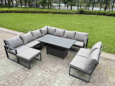 Fimous 9 Pieces Aluminium Garden Furniture Set With  With Adjustable Rising Lifting Dining Table Big Footstool Dark Grey from B&Q