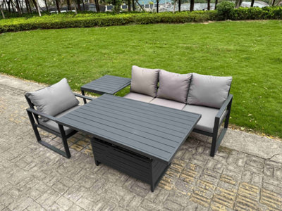 B&Q -  Aluminium Garden Furniture Set 4 Piece Aluminium Lounge Seating Set With Cushions Side Table Dark Grey
