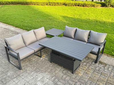 B&Q -  4 Pieces Garden Furniture Set Aluminium Adjustable Rising Lifting Dining Table And Sofa Set With Side Table Dark Grey