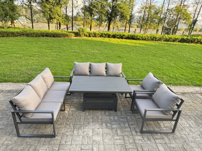 B&Q -  Garden Aluminium Furniture Set 8 Seater Adjustable Rising Lifting Dining Table With 2 Chairs Dark Grey