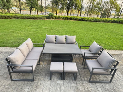 B&Q -  7 Piece Garden Furniture Set 10-Seater Aluminium With Adjustable Rising Lifting Dining Table & Cushions Dark Grey
