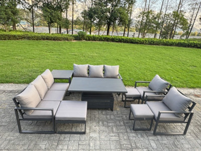 Fimous 11-Seater Aluminium Outdoor Dining Set With Adjustable Rising Lifting Dining Table & Cushions Side Table 3 Footstools from B&Q