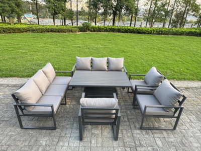 B&Q -  6 Piece Garden Furniture Set 9-Seater Aluminium With Adjustable Rising Lifting Dining Table & Cushions 3 Chairs Dark Grey