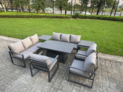 B&Q -  8 Piece Garden Furniture Set 9-Seater Aluminium With Adjustable Rising Lifting Dining Table & Cushions Side Tables 3 Chairs